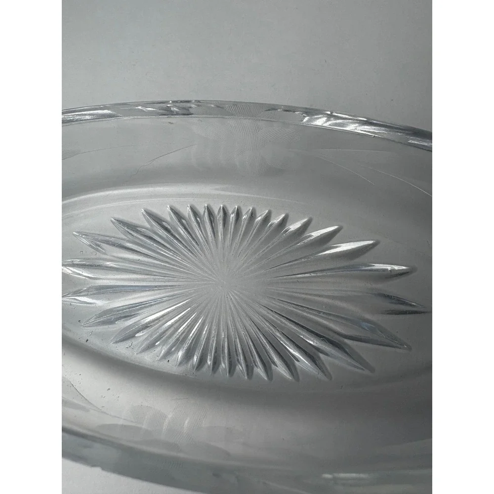 Vintage‎ Clear Etched Star Glass Oval Canoe Boat Dish w Handles Floral Design